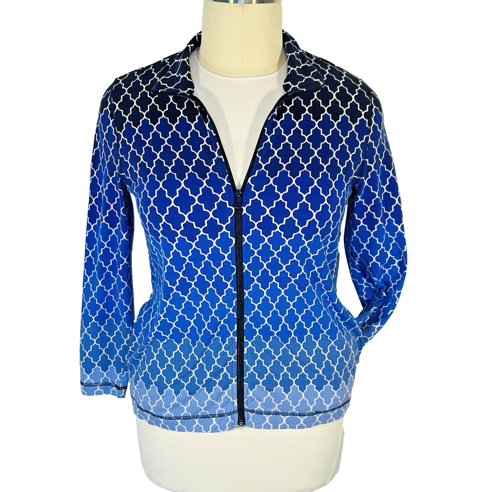 T by Talbots - Track Jacket Womens 0X - 1X Zip Front Blue Ombre Moroccan Tile